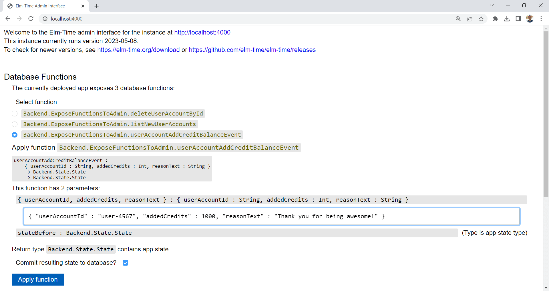 Applying a database function in the graphical admin interface